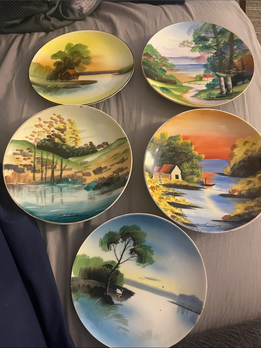 Japanese Hand-Painted Scenic Decorative Plates - Set of 5 - signed